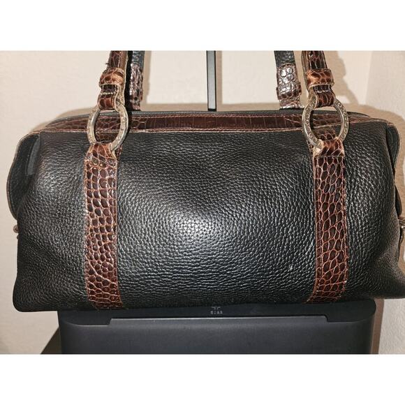 Brighton Pebbled Leather Shoulder Bag, Black Brown Croc Embossed Trim 14x8x4 - Picture 4 of 15